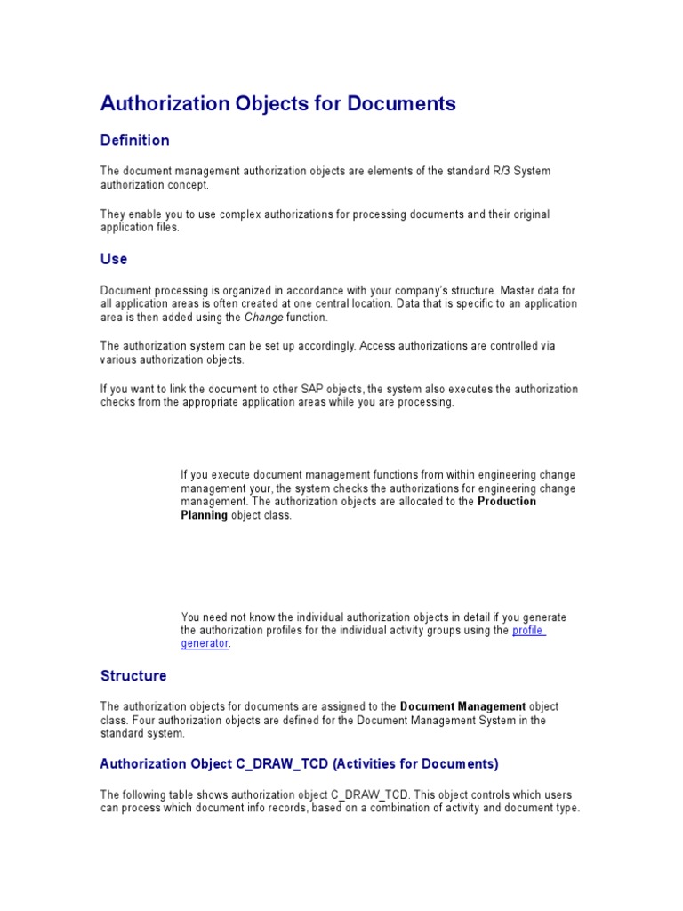 SAP Authorization Objects for Documents Object Science