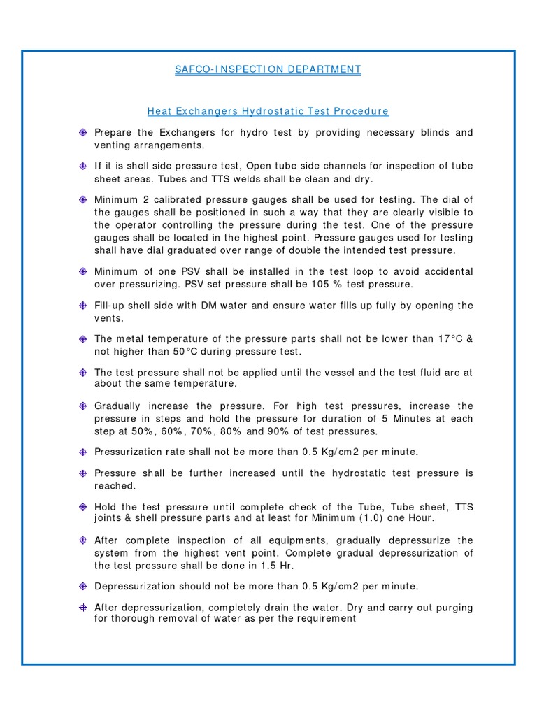test pressure zero procedure Test Procedure Heat Hydrostatic Exchangers