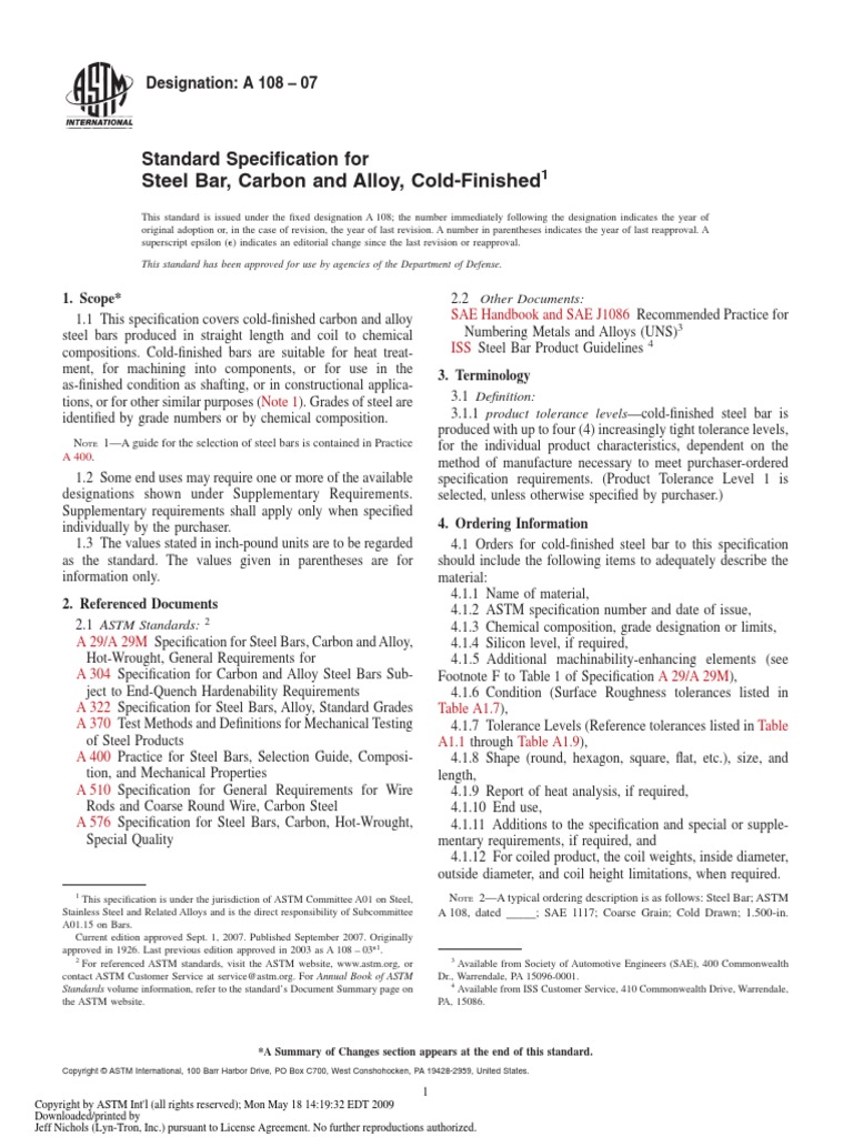ASTM A108 Standard Steel Engineering Tolerance