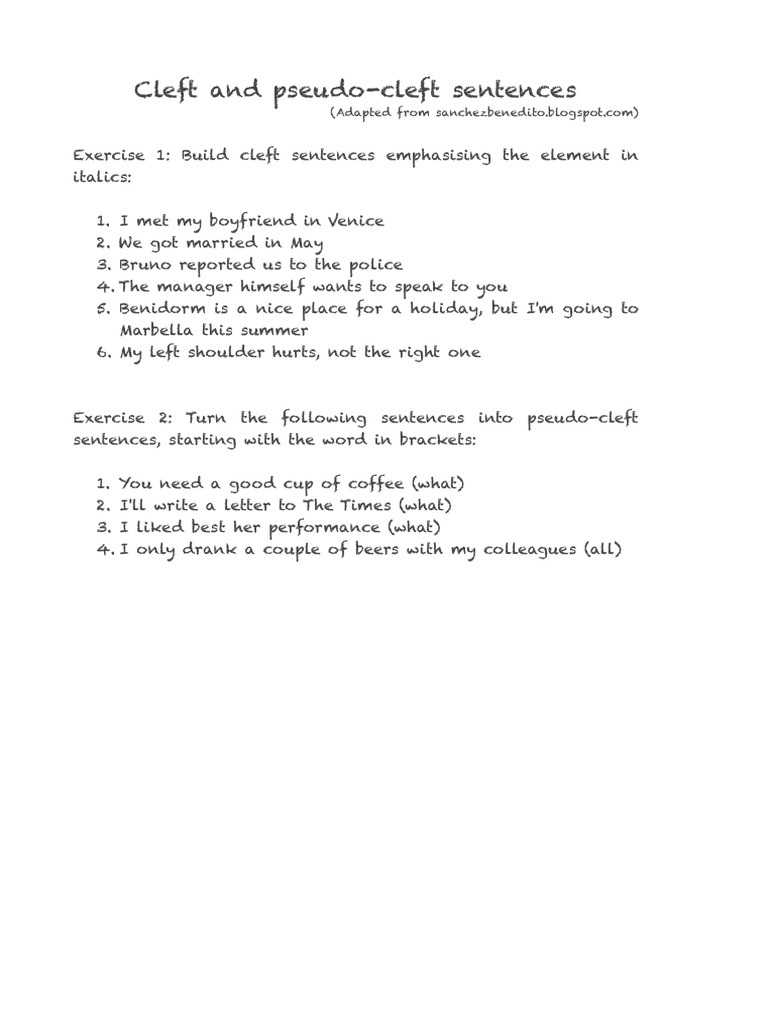 Cleft and PseudoCleft Sentences Exercise PDF