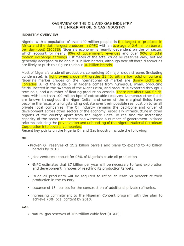 Overview of the Oil and Gas Industry in Nigeria Natural Gas Nigeria