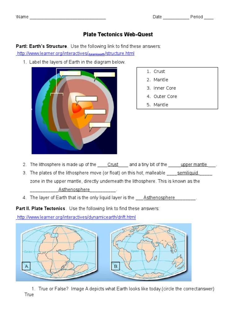 Plate Tectonics Web Quest Student Plate Tectonics Crust Geology
