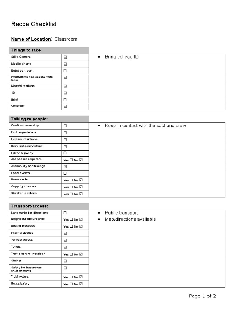 Recce Checklist - Classroom | PDF