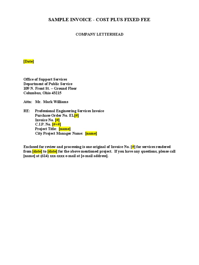 Cost Plus Fixed Fee Invoice Template PDF Business