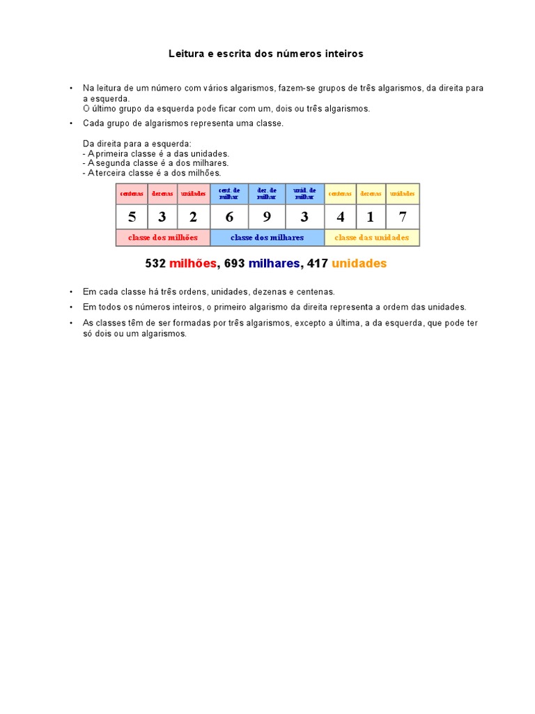 Leitura e Escrita de Números Inteiros | PDF