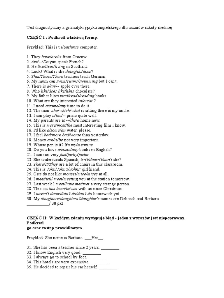Test Diagnostyczny Z Jezyka Angielskiego Dla Klasy 1 Liceum Pdf