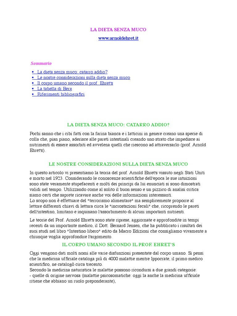 Tabelle Dieta Senza Muco Arnold Ehret