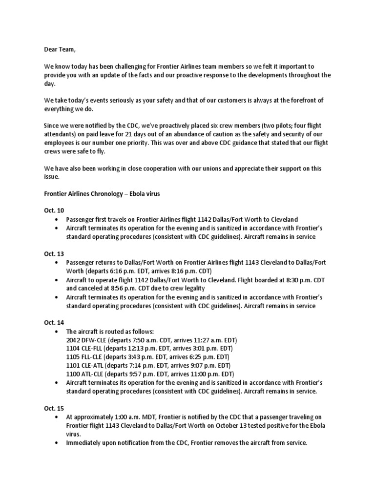 Frontier Airlines Email To Employees PDF Transport Accidents And