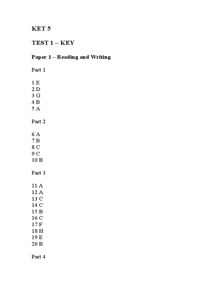 KET 5 Test 1-4 Answer Key | PDF