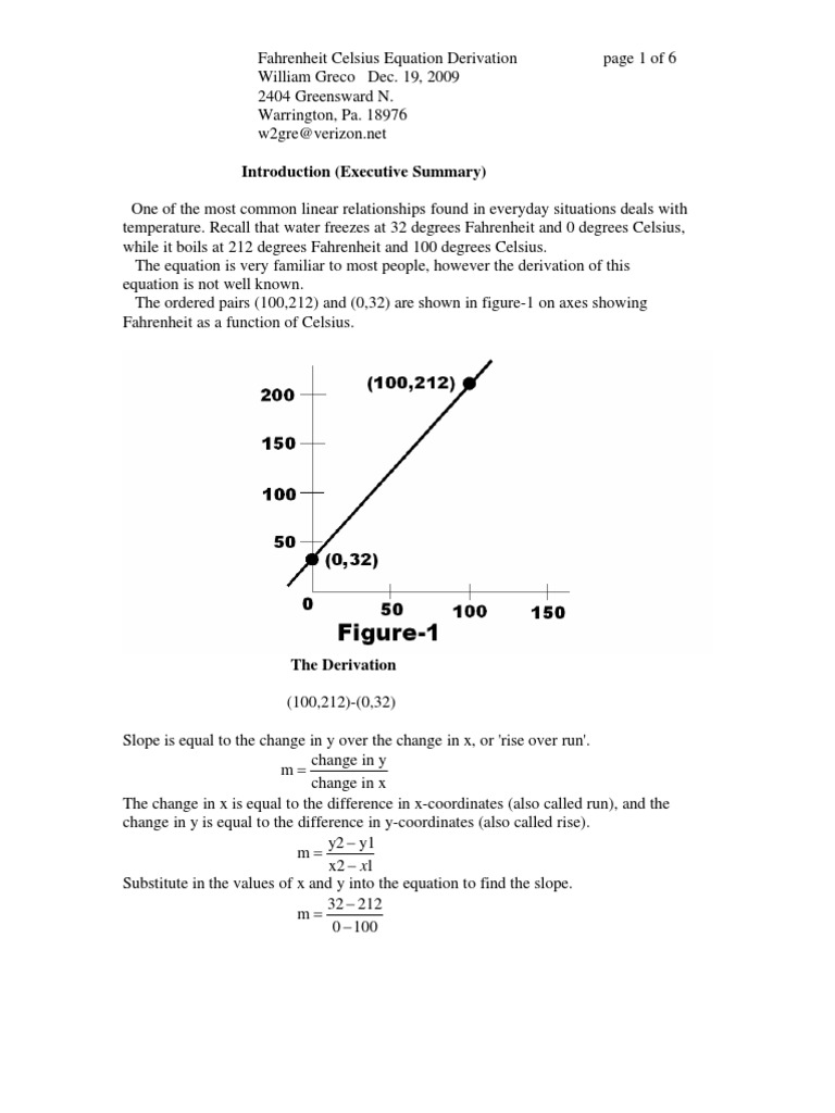 Fahrenheit Celsius Equation Derivation William Greco Dec 19 2009 2404 