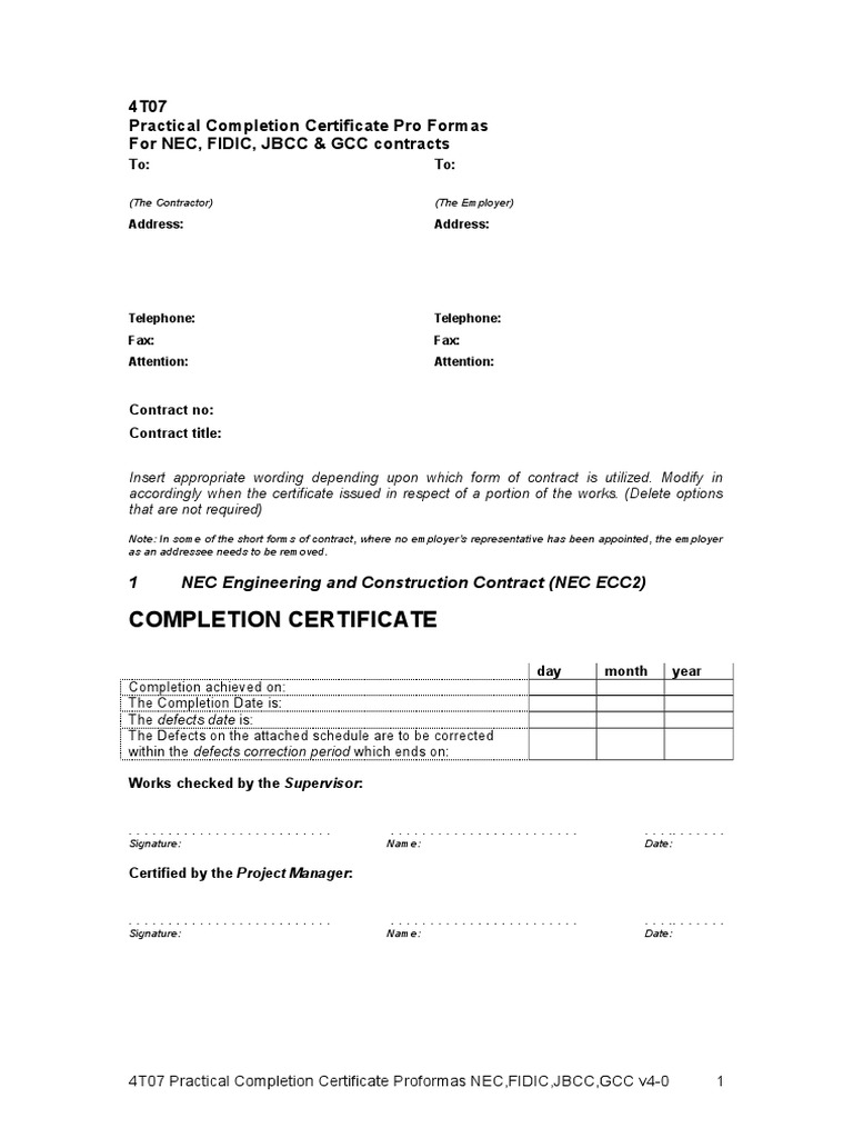 Certificate Of Practical Completion Template