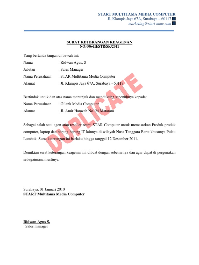 Surat Keterangan Keagenan