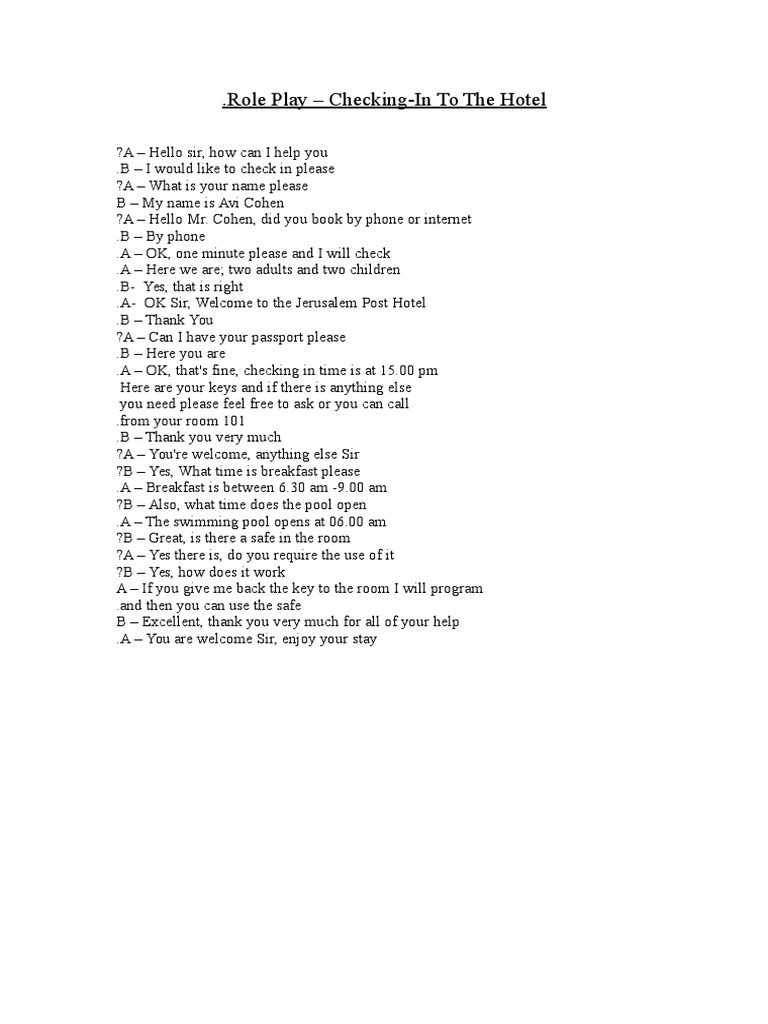 Hotel Check-In Role Play Script | PDF