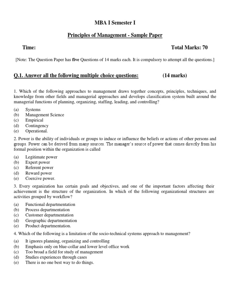 Principles of Management Sample Paper Decision Making System
