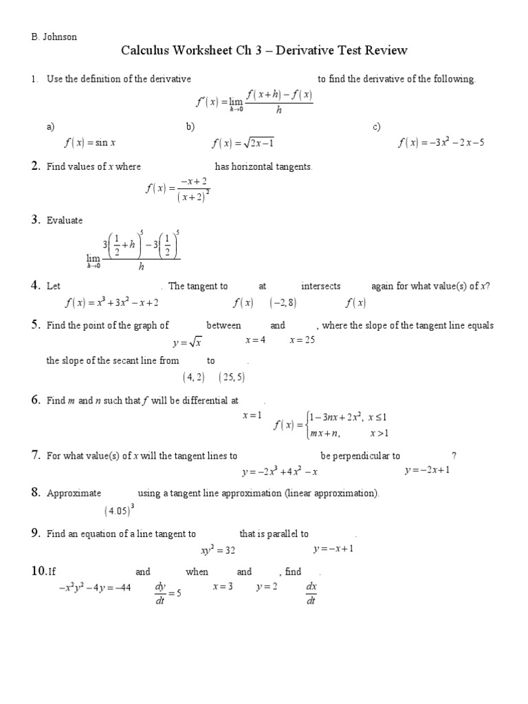 Calculus Worksheet CH 3 - Derivatives Test Revies | PDF | Derivative ...