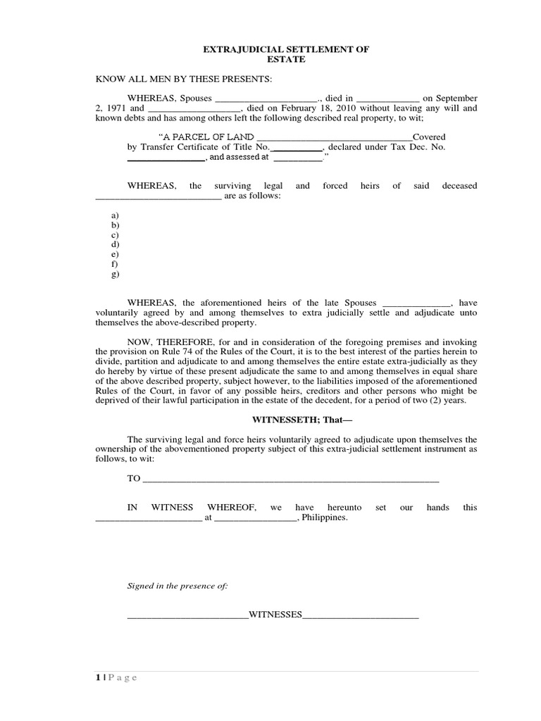 Extrajudicial Settlement of Estate Sample | PDF | Inheritance | Property