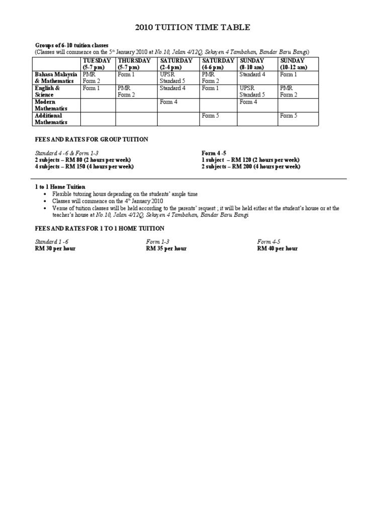 Tuition Schedule for Students | PDF