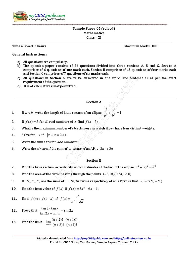 Class XI Math Sample Paper | PDF | Teaching Methods & Materials ...