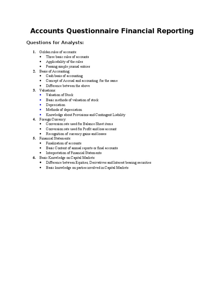 Financial Reporting Accounts Questionnaire | PDF