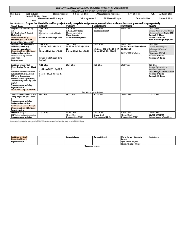 09 - 11 - Wks11-15 Nov-Dec Schedule (New) | PDF | Teaching | Cognition
