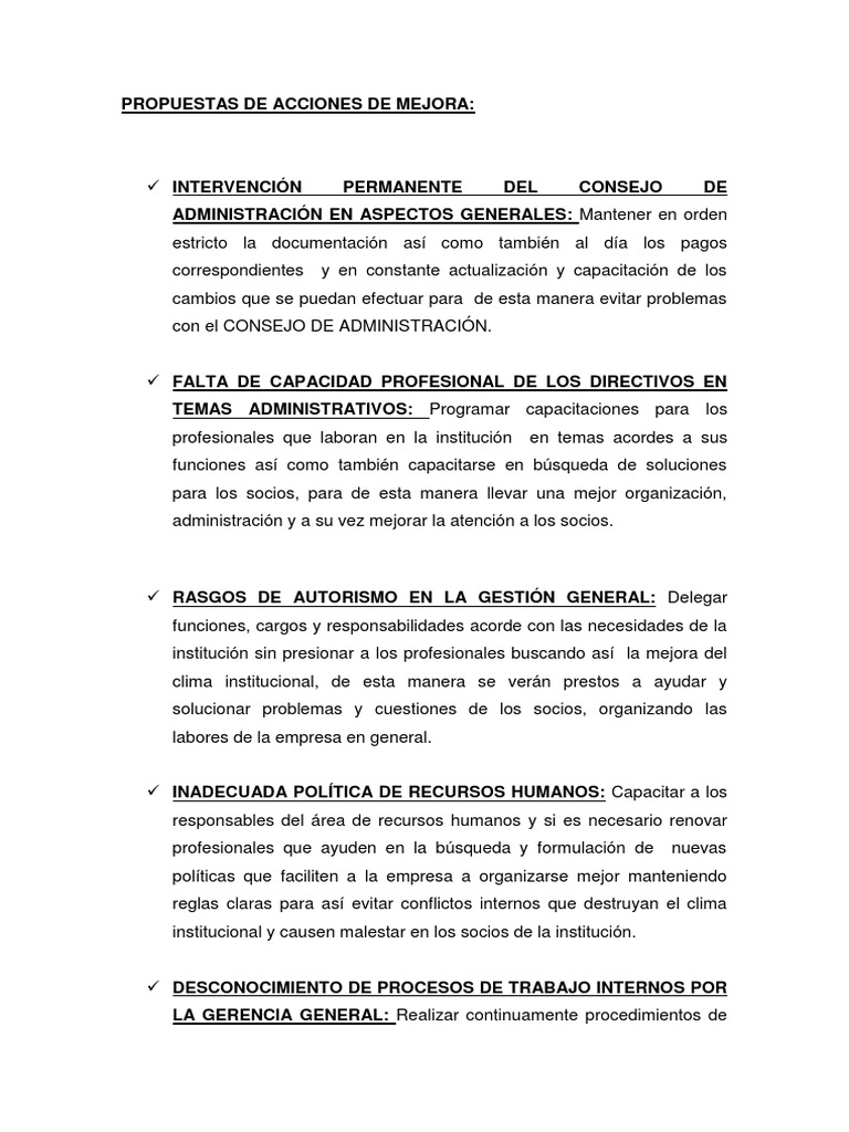 Propuestas de Acciones de Mejora | PDF | Recursos humanos | Contabilidad