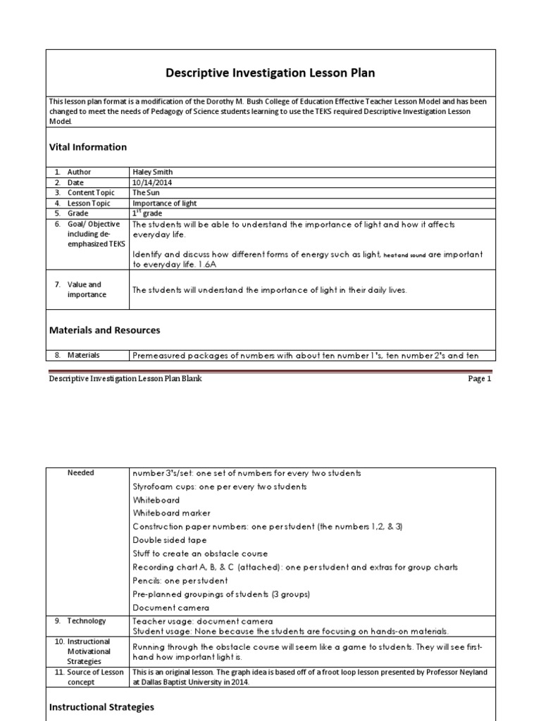 1st Grade Importance of Light Lesson Plan PDF Lesson Plan Science