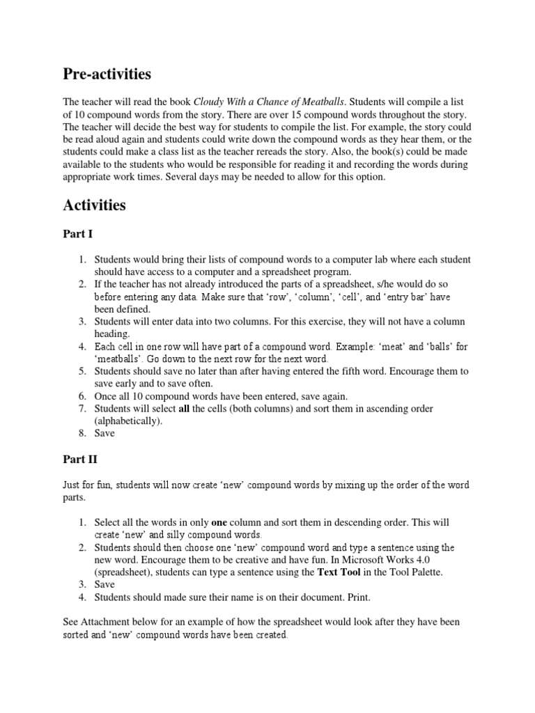 Cloudy With A Chance of Meatballs Lesson Plan PDF Spreadsheet
