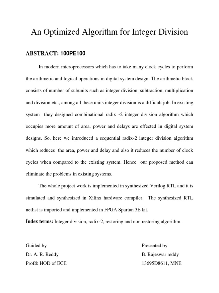 Optimized Radix-2 Integer Division | PDF