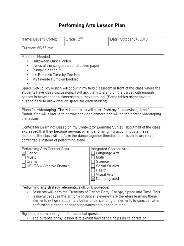 Performing Arts Lesson Plan | PDF | Dances | Lesson Plan