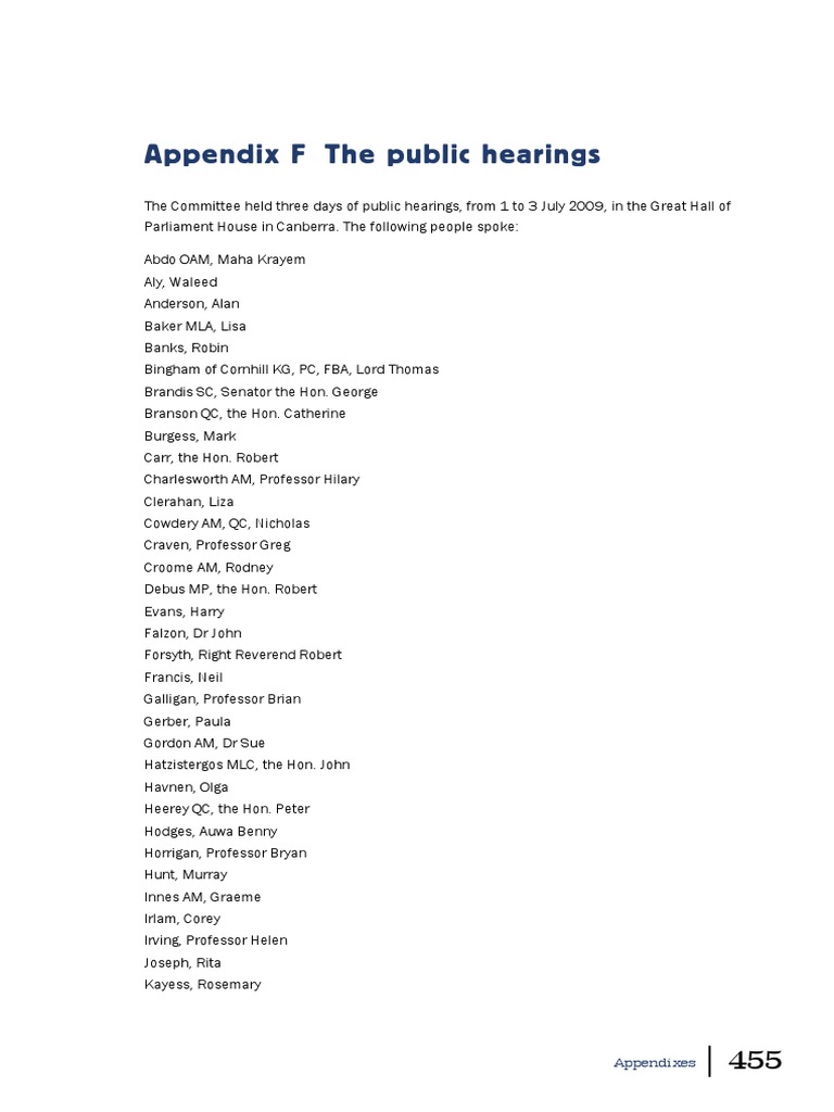 Appendix F The Public Hearings: Appendixes | PDF | Wellness