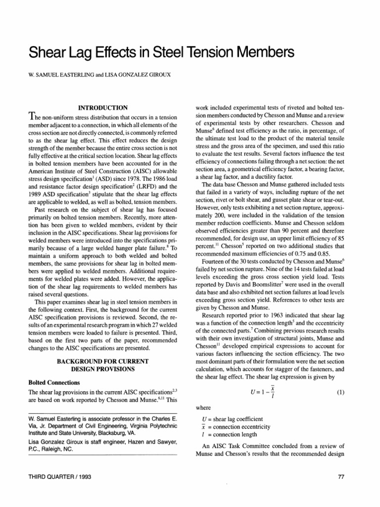 Shear Lag Effects in Steel Tension Members PDF