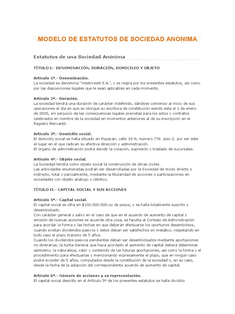 Modelo de Estatutos para Sociedad Anónima | PDF | Liquidación | Euro