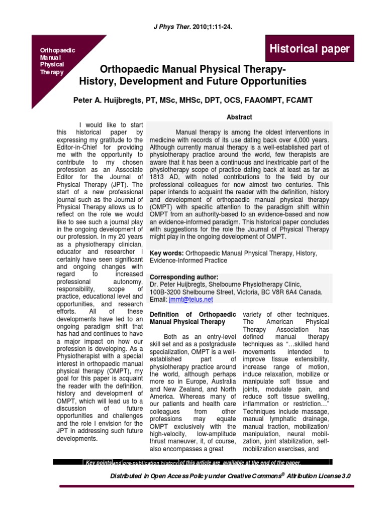Orthopaedic Manual Physical Therapy History Development And Future