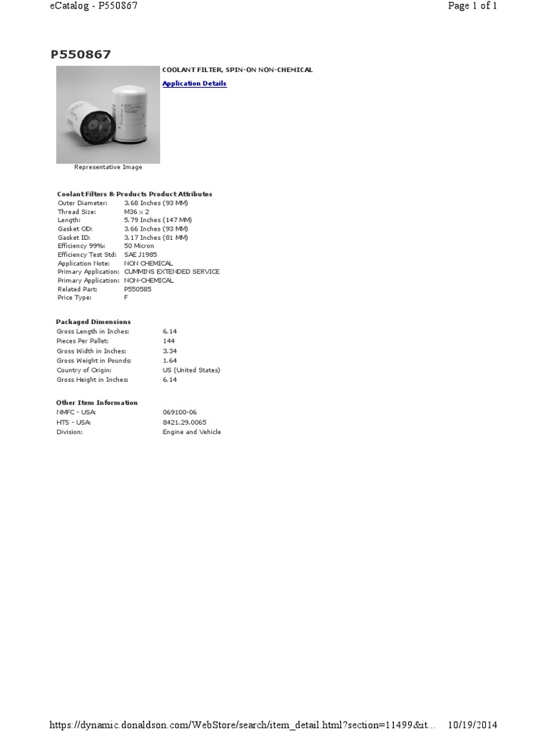 Coolant Filter, Spin-On Non-Chemical (p550867) | PDF