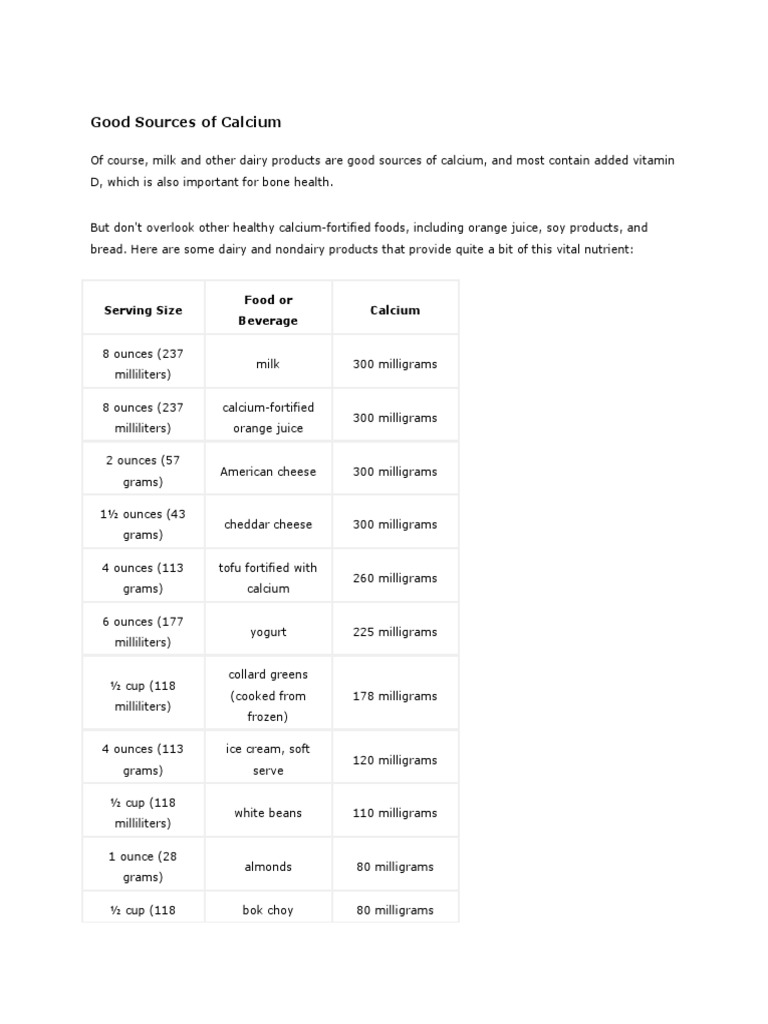 Calcium Sources for Dairy-Free Diets | PDF | Leaf Vegetable | Soy Milk
