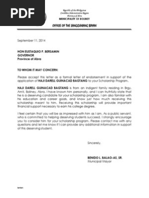 Letter of Endorsement - Scholarship