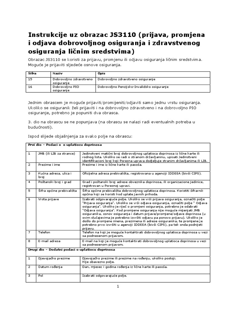 Instrukcije Za Popunjavanje Obrasca JS3110 | PDF