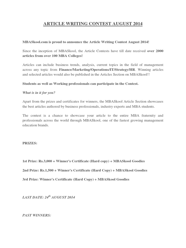 MBASkool Article Contest August 2014 | PDF | Master Of Business ...