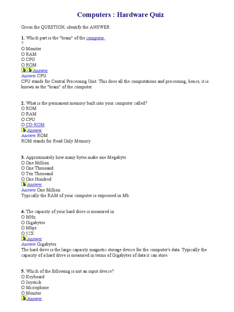 Computers Hardware Quiz 1. Which Part Is The "Brain" of The PDF