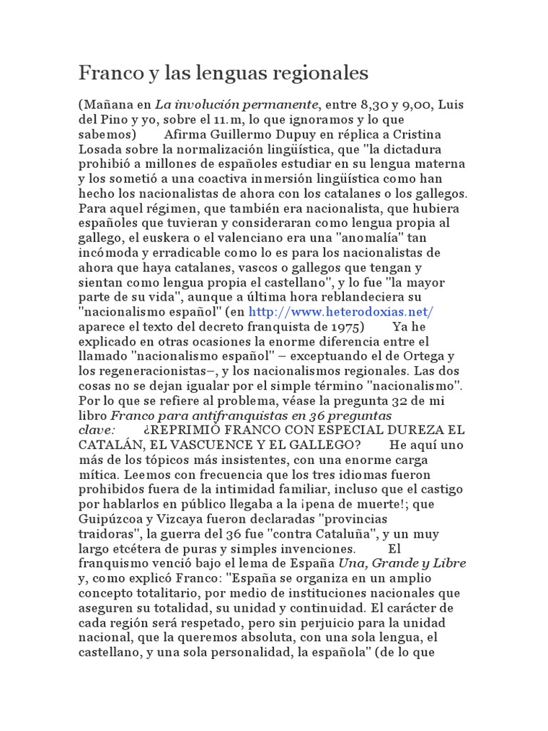 Franco y Las Lenguas Regionales PDF Cataluña Lengua española