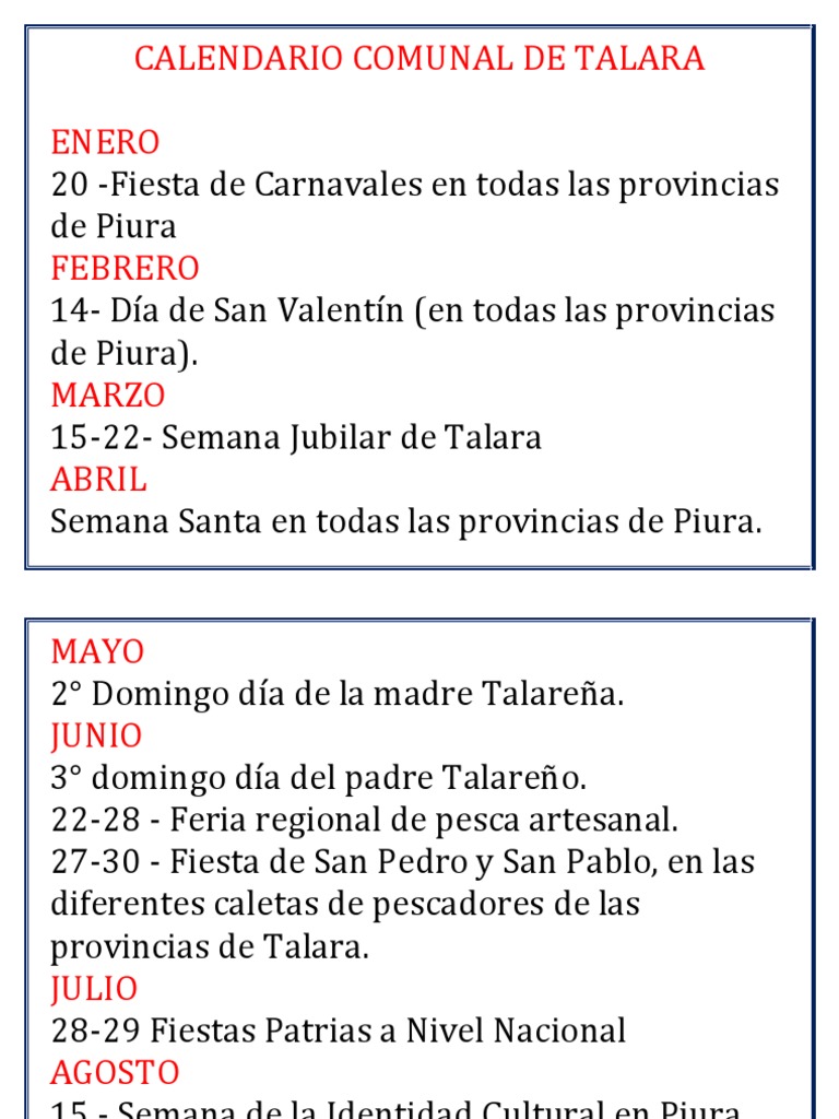Calendario Comunal de Talara | PDF | Tradiciones | Fiestas cristianas y ...
