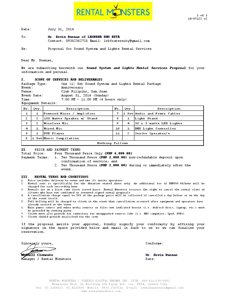 Sound System and Lights Rental Proposal | PDF | Audio Electronics ...