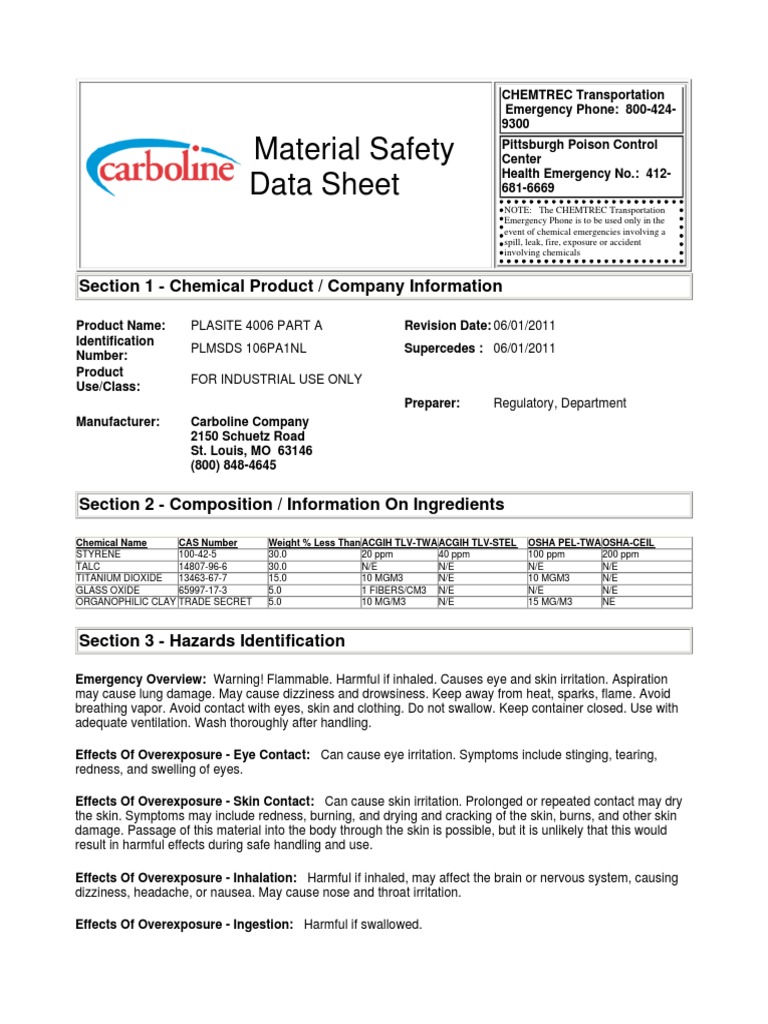 Material Safety Data Sheet: Section 1 - Chemical Product / Company ...