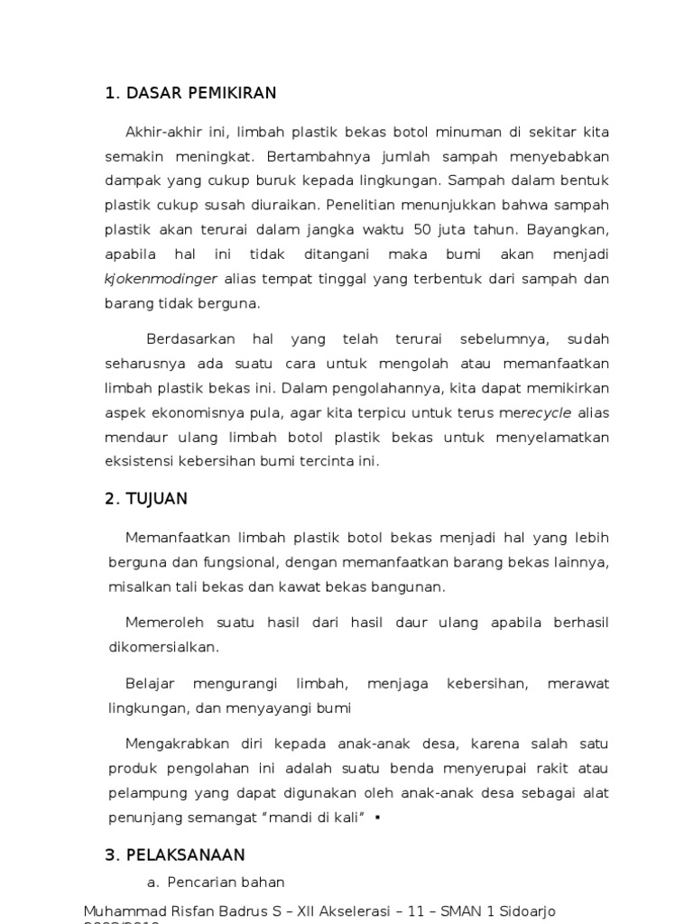 Proposal  Kegiatan Pemanfaatan Botol Plastik Minuman Bekas   Proposal  Kegiatan Pemanfaatan Botol Plastik Minuman Bekas