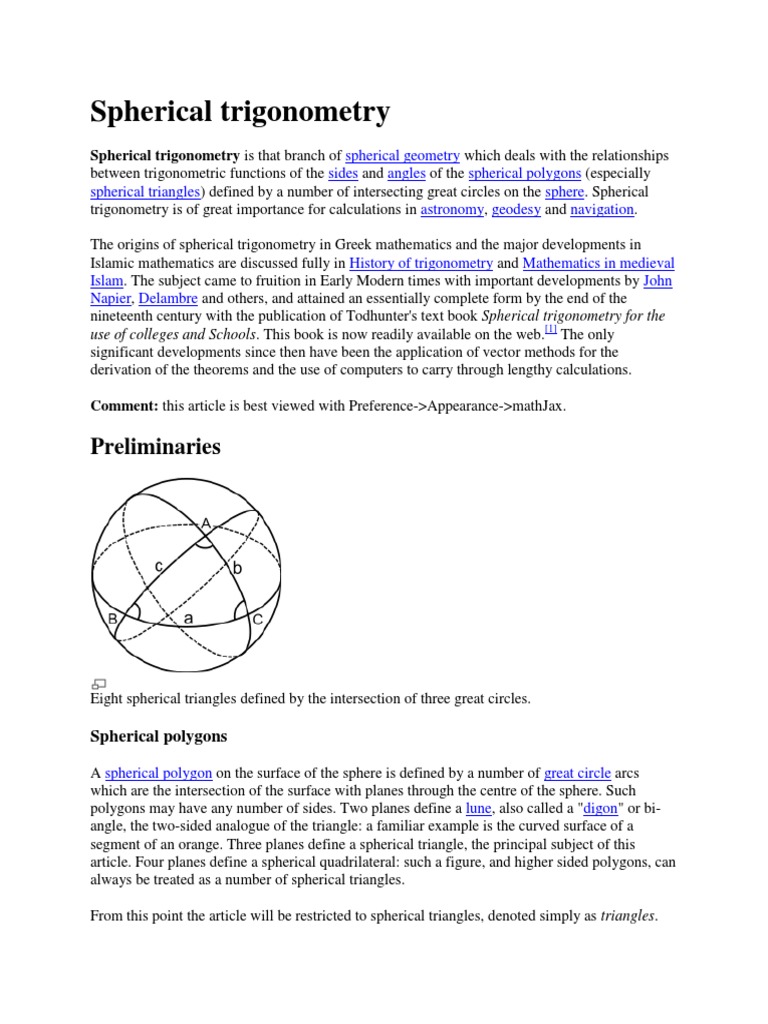 Spherical Trigonometry Trigonometric Functions Triangle