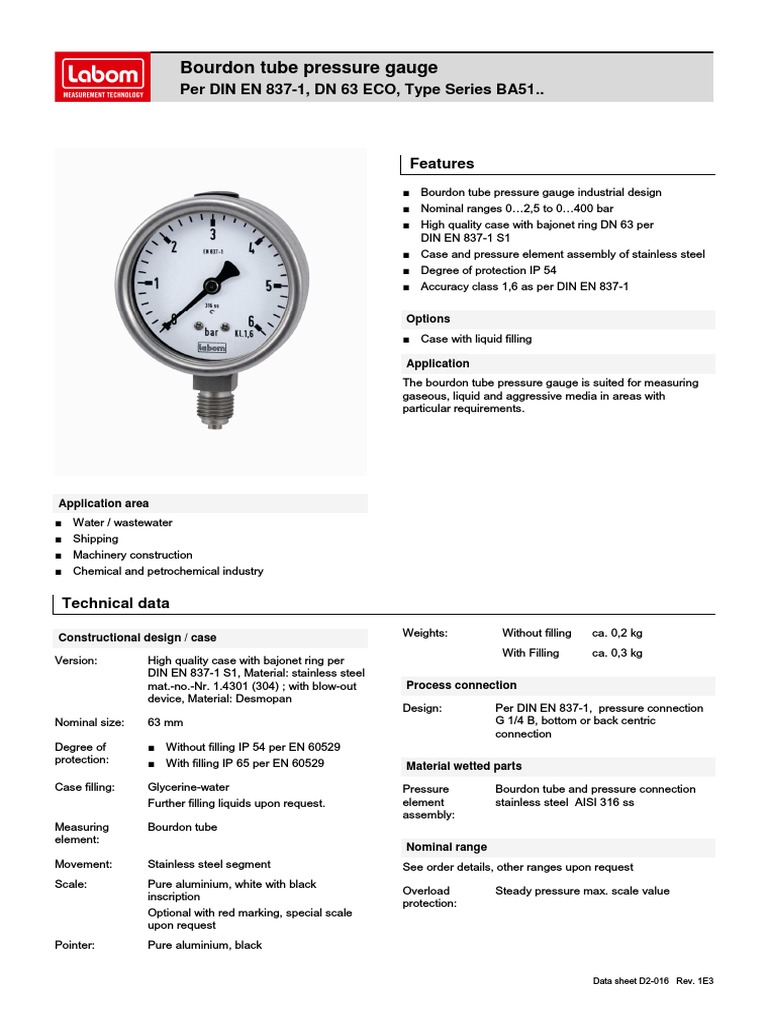Bourdon Tube Pressure Gauge Pressure Measurement Stainless Steel