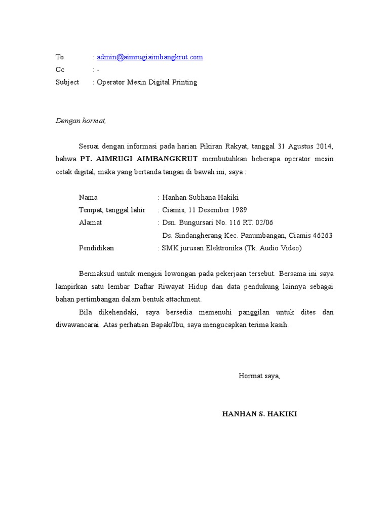 Contoh Surat Lamaran Kerja Via Email Pdf