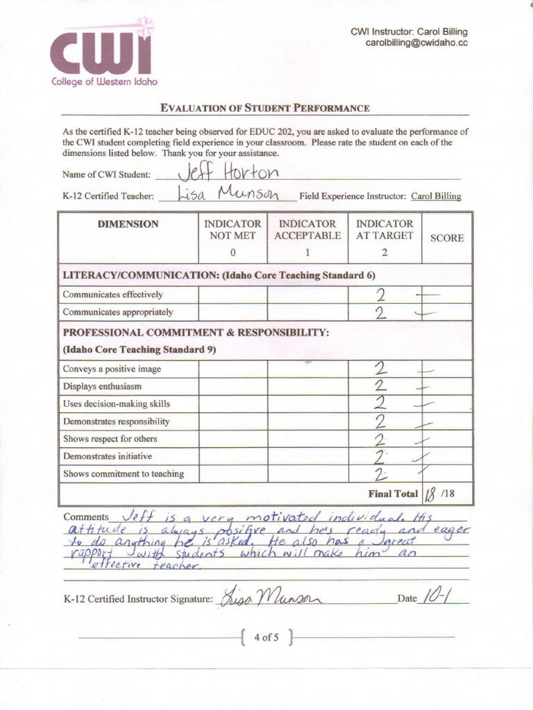 Student Performance Evaluation Form | PDF | Teaching Methods & Materials