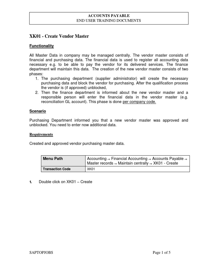 XK01 - Create Vendor Master: Cost Center Accounting Accounts Payable | PDF