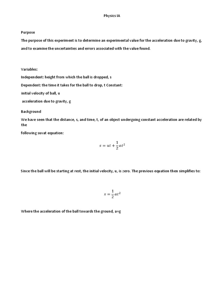 Acceleration Due To Gravity Lab PDF Acceleration Gravity